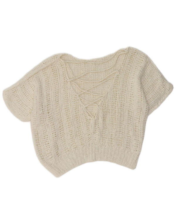 Vintage γυναικείο πουλόβερ με κοντό μανίκι V λαιμόκοψη UK 14 Μεσαίο λευκό