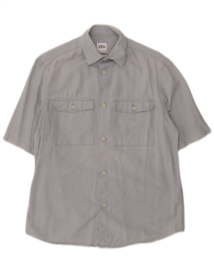 ZARA Mens Relaxed Fit Short Sleeve Shirt Small Blue Cotton