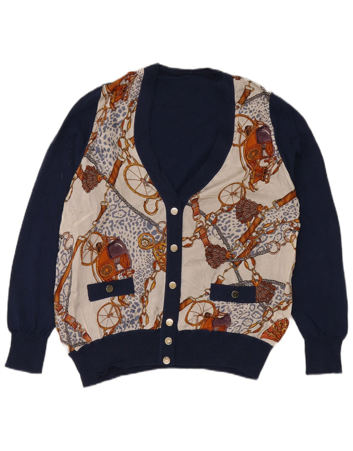 Vintage γυναικείο αφηρημένο πουλόβερ ζακέτα UK 16 Large Navy Blue