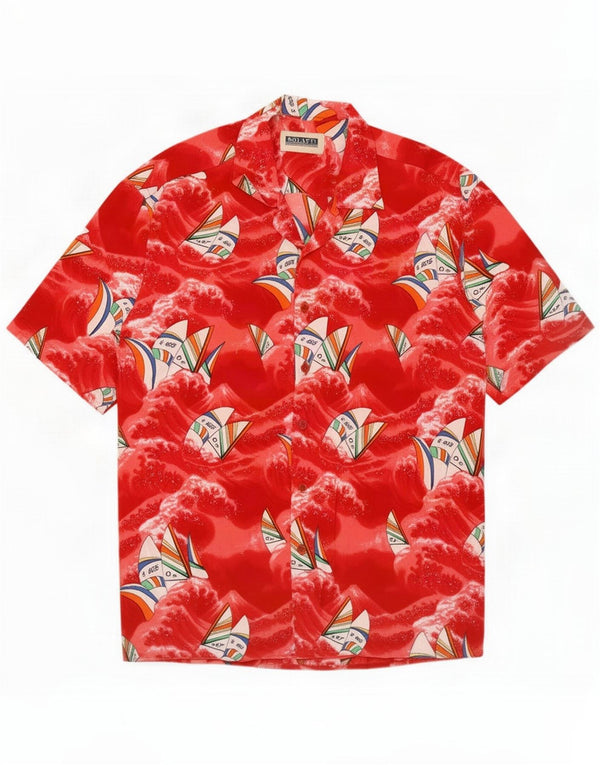 Vintage Ανδρικό Abstract Pattern Κοντομάνικο πουκάμισο 2XL Red Viscose