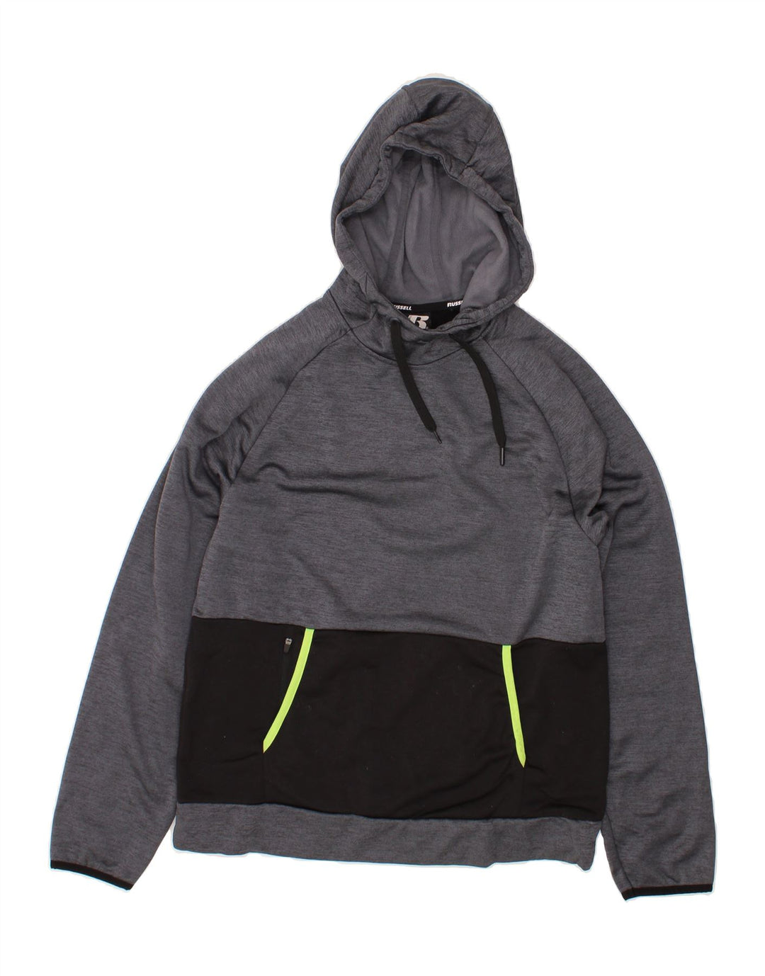 RUSSELL ATHLETIC Mens Hoodie Jumper Medium Grey Colourblock Polyester Vintage Russell Athletic and Second-Hand Russell Athletic from Messina Hembry 