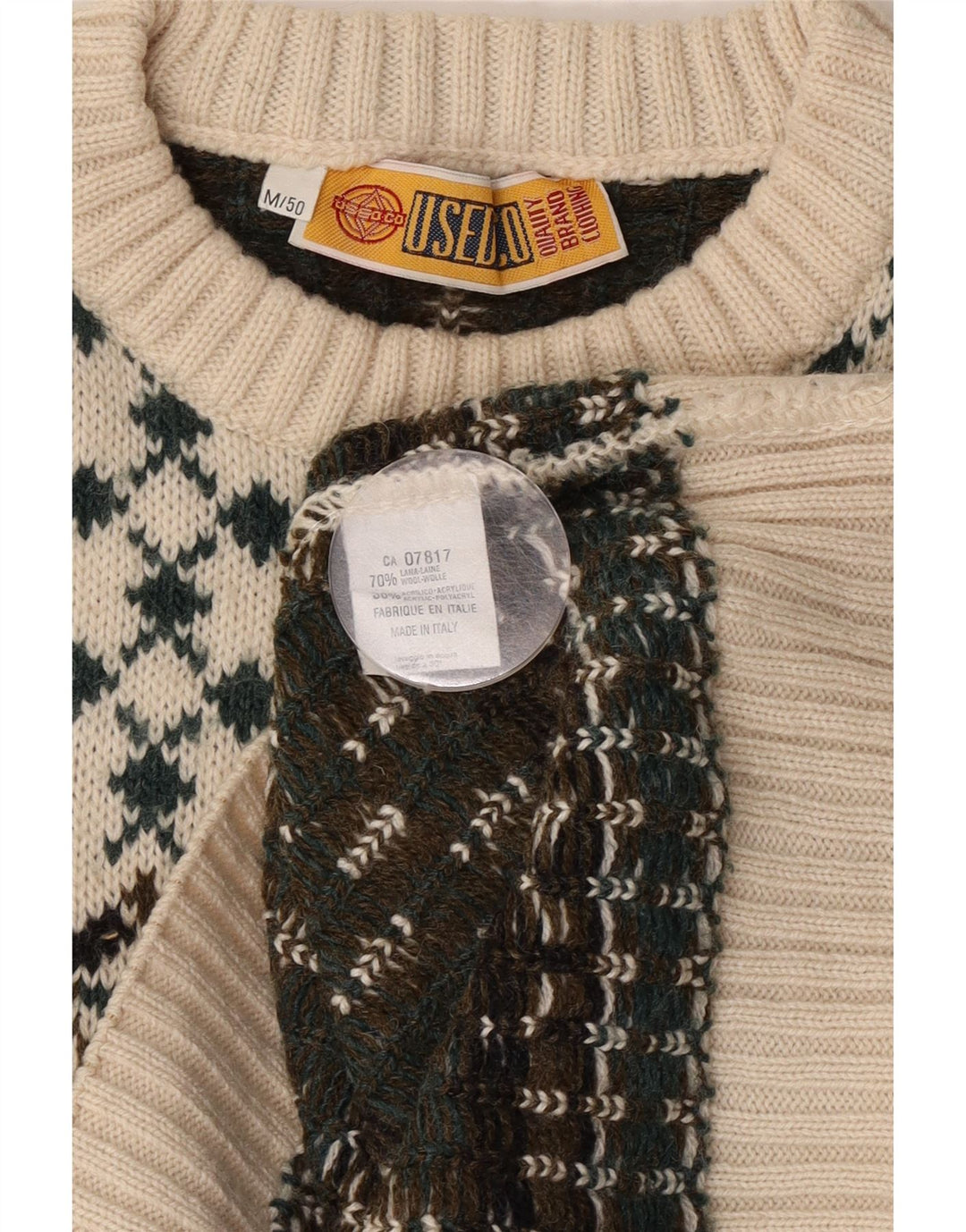 Vintage Ανδρικό πουλόβερ με λαιμόκοψη IT 50 Medium White Fair Isle Wool