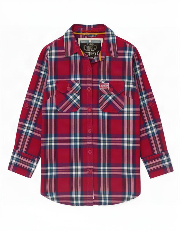 Superdry Womens 3/4 Sleeve Flannel Shirt UK 10 Small Pink Plaid Cotton