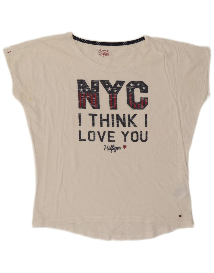 TOMMY HILFIGER Γυναικείο υπερμεγέθη γραφικό μπλουζάκι Top 10 Small White UK