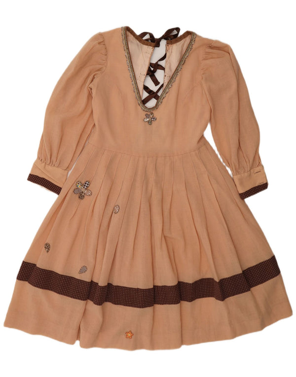 Vintage γυναικείο γραφικό φόρεμα A-Line UK 12 Medium Beige Colourblock