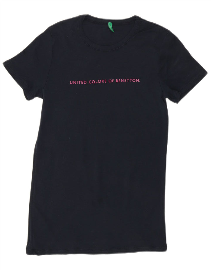 BENETTON Womens Graphic T-Shirt Top UK 12 Medium Navy Blue Cotton Vintage Benetton and Second-Hand Benetton from Messina Hembry 