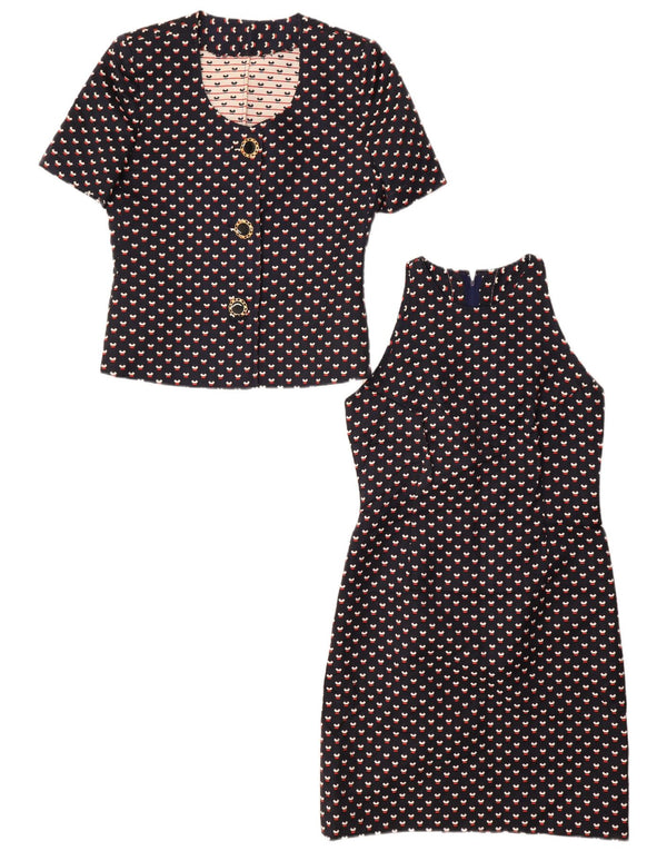 VINTAGE Womens 3 Button 2 Piece Set UK 12 Medium Navy Blue Spotted