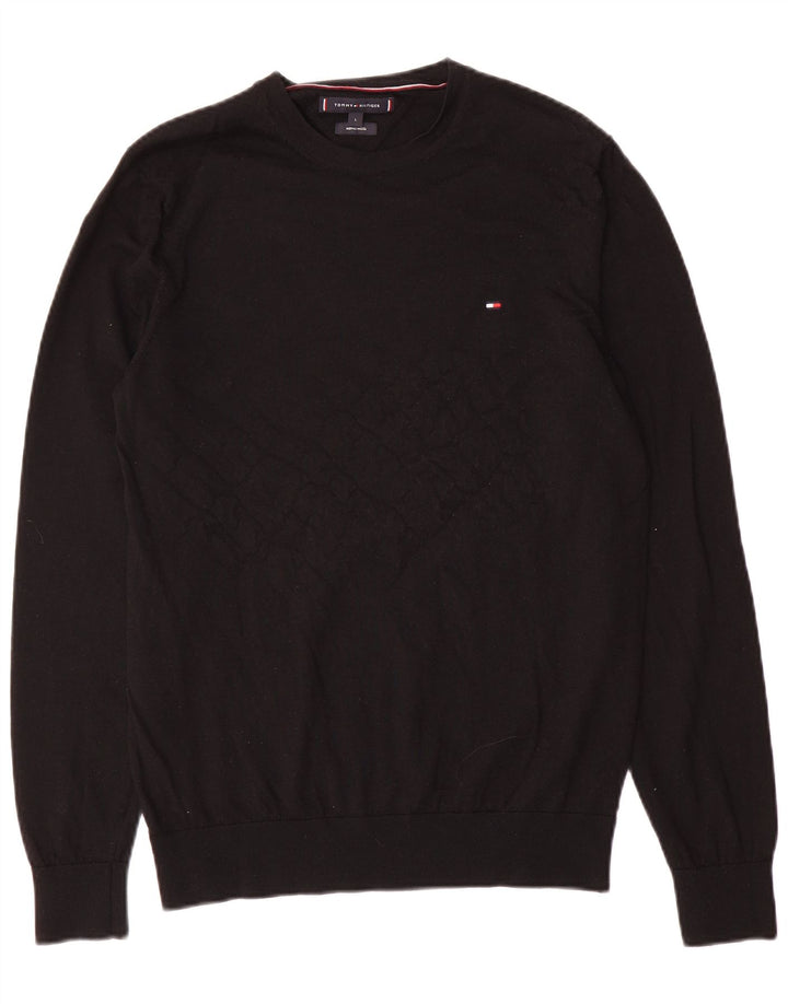 Ανδρικό πουλόβερ με λαιμόκοψη Tommy Hilfiger, μαύρο μάλλινο