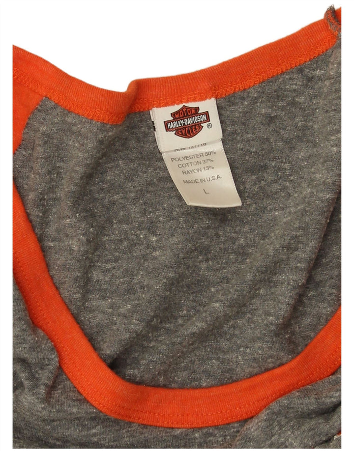 Harley Davidson Γυναικεία γραφικά τοπ 3/4 μανίκια UK 16 Large Grey Colourblock