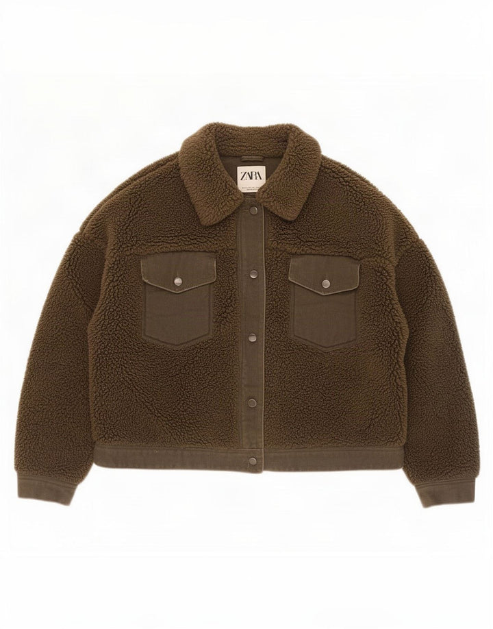 Zara Γυναικείο Μπουφάν Sherpa Crop UK 14 Large Khaki Polyester