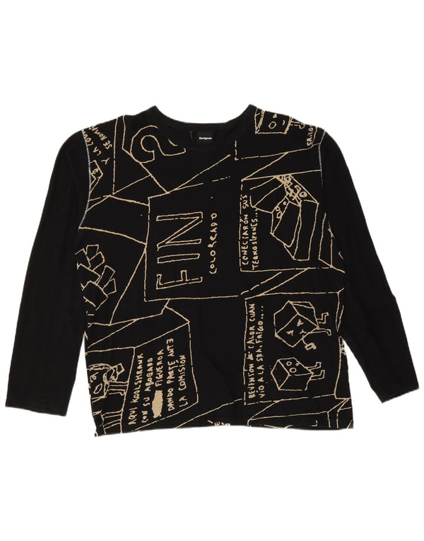 DESIGUAL Womens Oversized Graphic Top Long Sleeve UK 16 Large Black Cotton