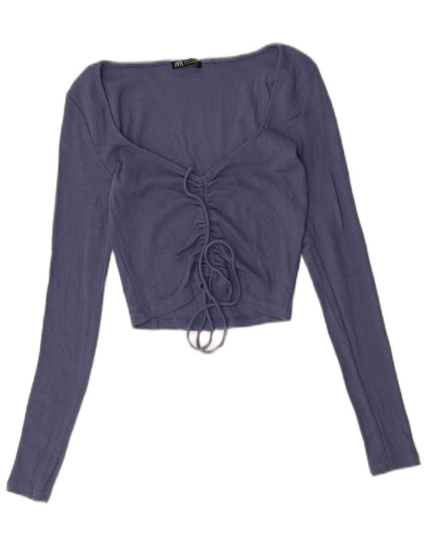 Γυναικείο Crop τοπ ZARA μακρυμάνικο UK 12 μεσαίο μπλε βαμβακερό