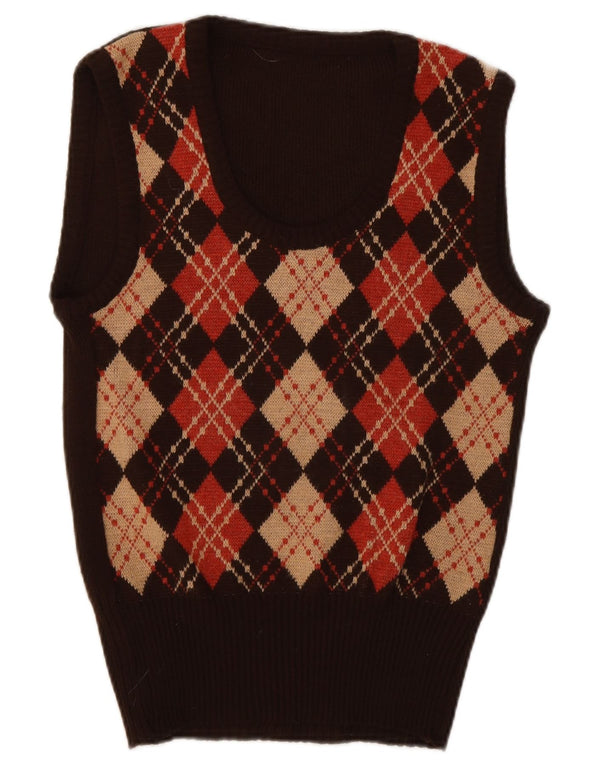 Vintage γυναικείο γιλέκο Tank Top UK 10 Small Brown Argyle/Diamond
