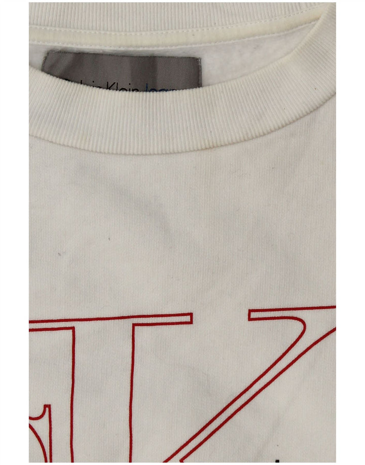 CALVIN KLEIN JEANS Γυναικείο Crop γραφικό φούτερ Jumper UK 6 XS Λευκό