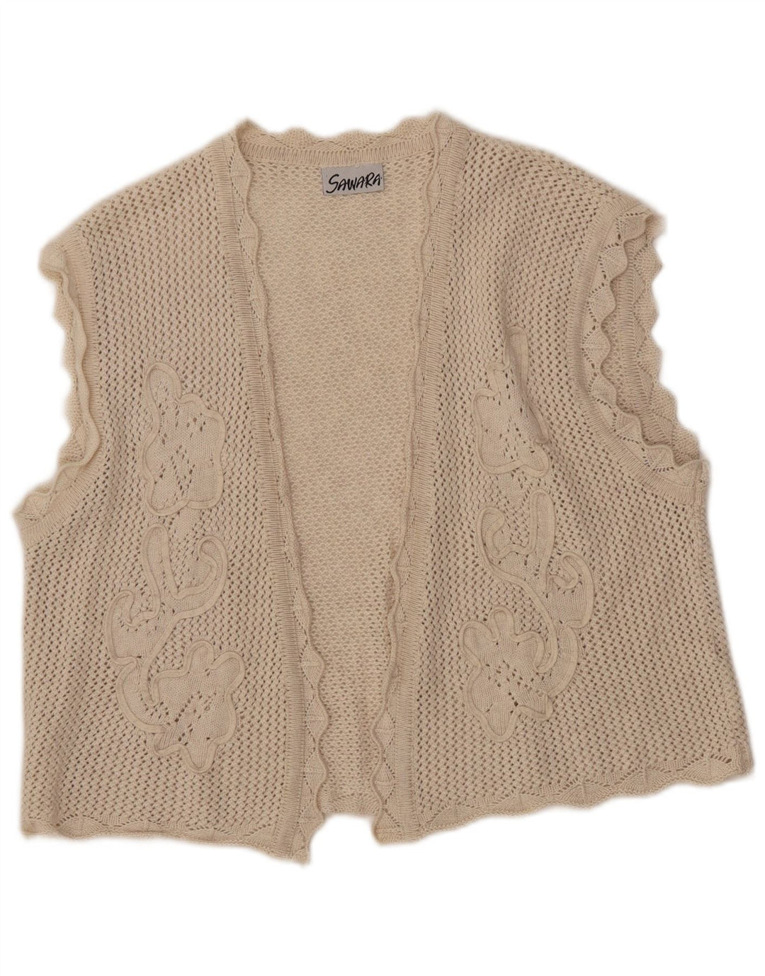 VINTAGE Γυναικείο Crop Αμάνικο Crochet Ζακέτα UK 14 Large Beige