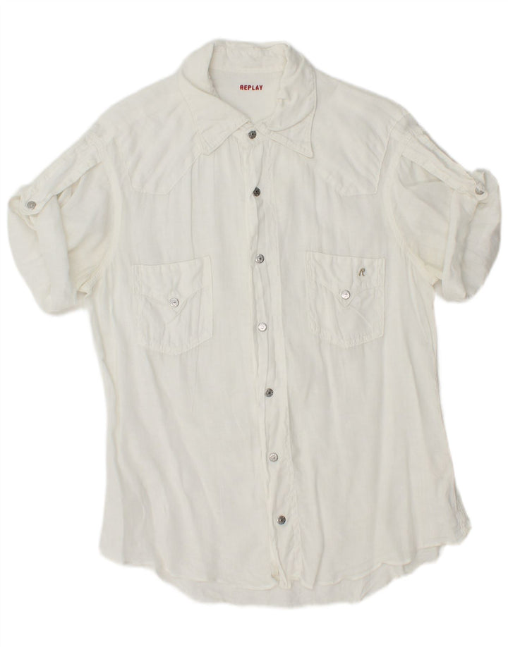 REPLAY Mens Short Sleeve Shirt Medium White Linen