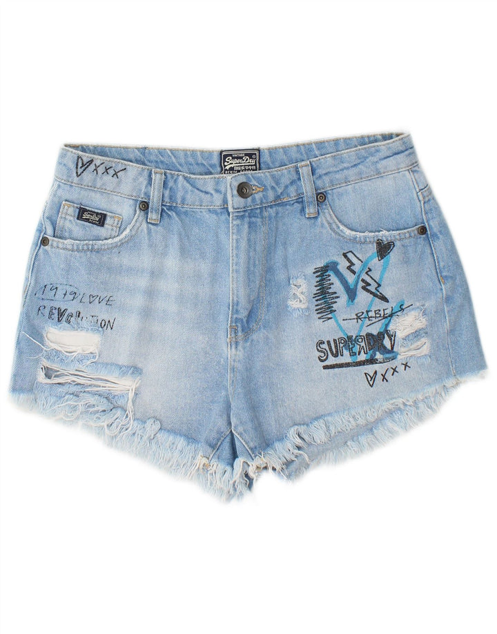 SUPERDRY Womens Distressed Graphic Denim Shorts W27 Small Blue Cotton