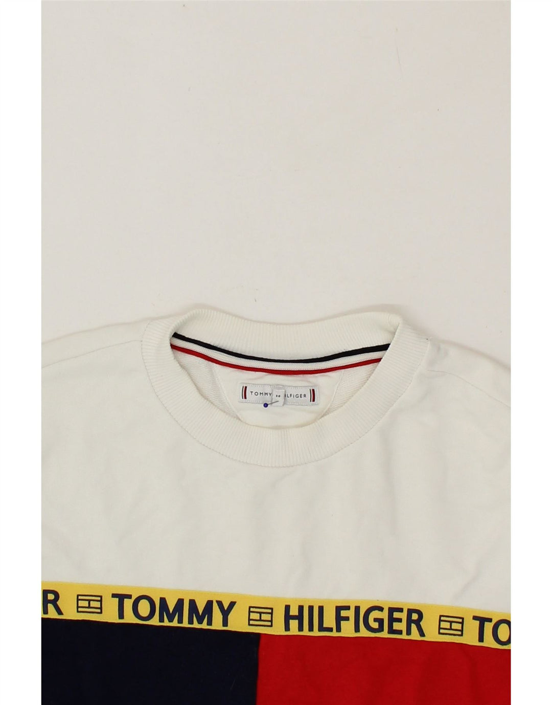 TOMMY HILFIGER Boys Sweatshirt Jumper 13-14 Years White Colourblock Vintage Tommy Hilfiger and Second-Hand Tommy Hilfiger from Messina Hembry 