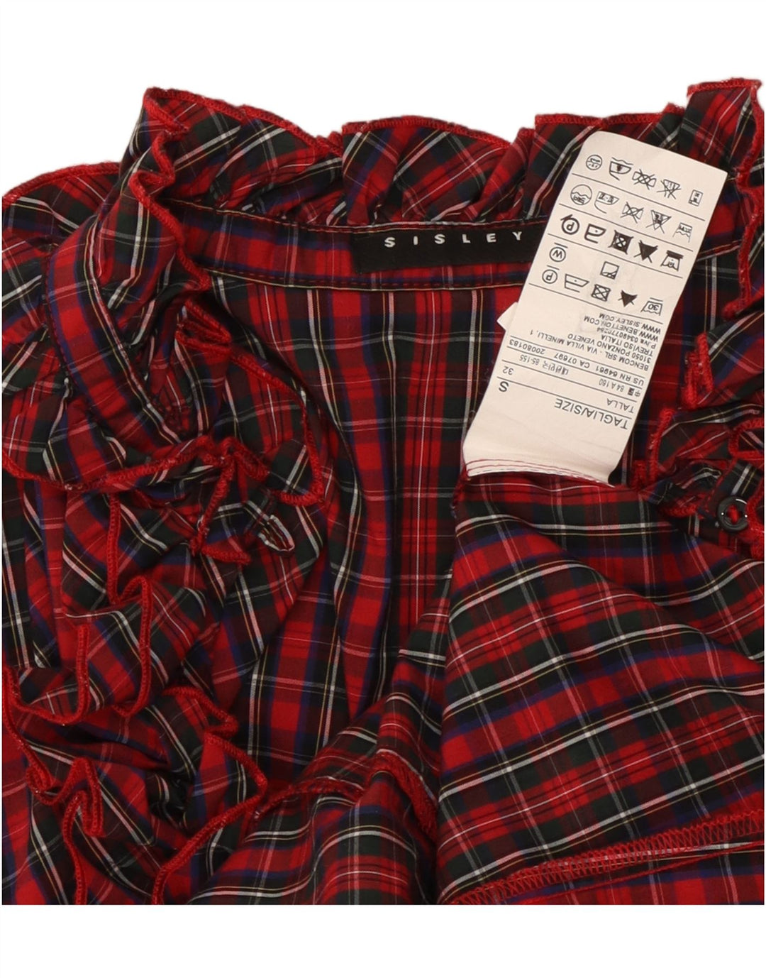 SISLEY Γυναικείο πουκάμισο με βολάν μπλούζα UK 10 Small Red Check Cotton
