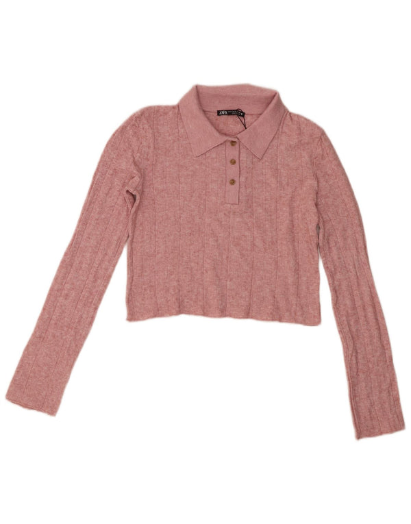 Zara γυναικείο μακρυμάνικο μπλουζάκι πόλο UK 10 Small Pink Viscose