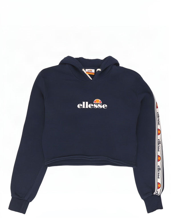 Ellesse Womens Crop Graphic Hoodie Jumper UK 4 XS Navy Blue Colourblock
