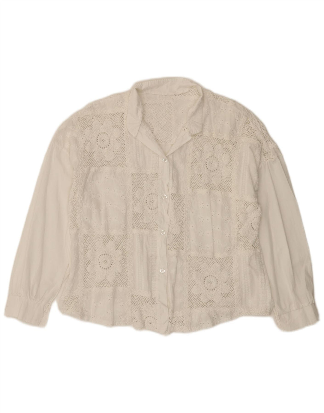 VINTAGE Γυναικείο πουκάμισο 3/4 μανίκι μπλούζα UK 14 Μεσαίο λευκό βαμβακερό φλοράλ