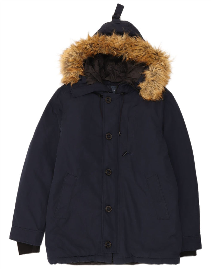 ZARA Ανδρικό μπουφάν Parka με κουκούλα UK 40 Large Navy Blue Polyester