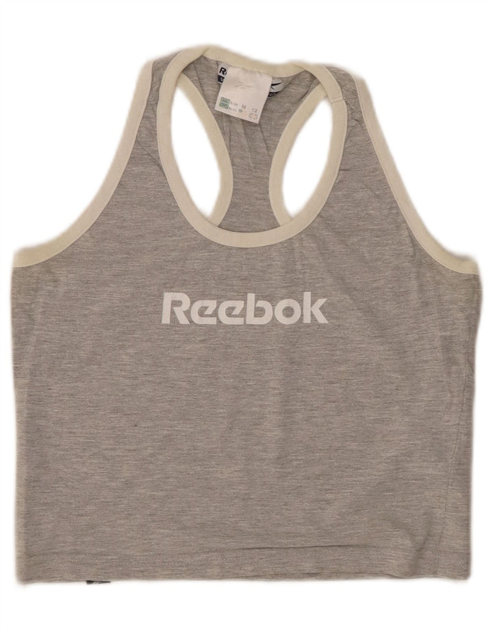 REEBOK Γυναικείο Crop γραφικό γιλέκο UK 12 βαμβακερό μεσαίο γκρι