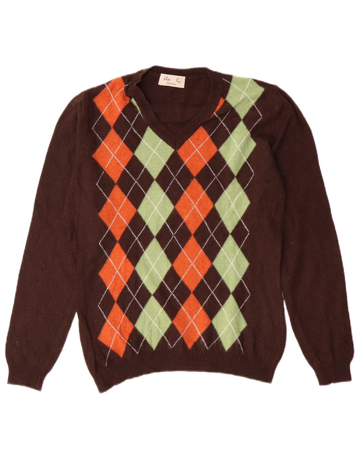 VINTAGE Γυναικείο πουλόβερ με λαιμόκοψη UK 12 μεσαίου καφέ Argyle/Diamond