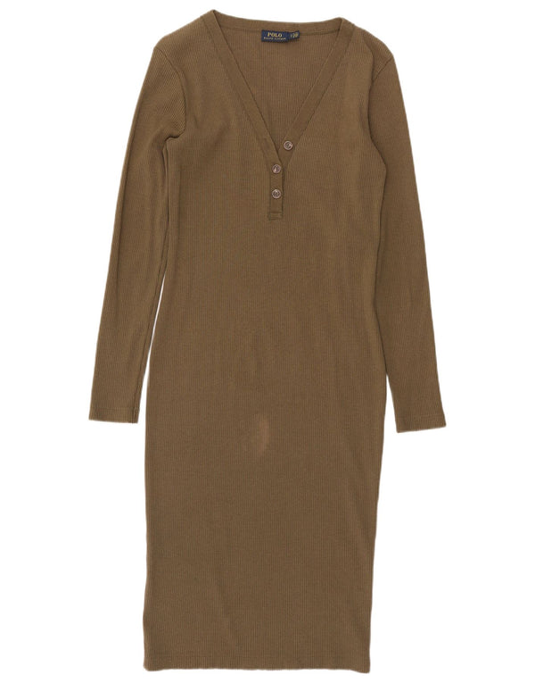 Γυναικείο μακρυμάνικο Bodycon φόρεμα Polo Ralph Lauren UK 10 μικρό χακί βαμβακερό