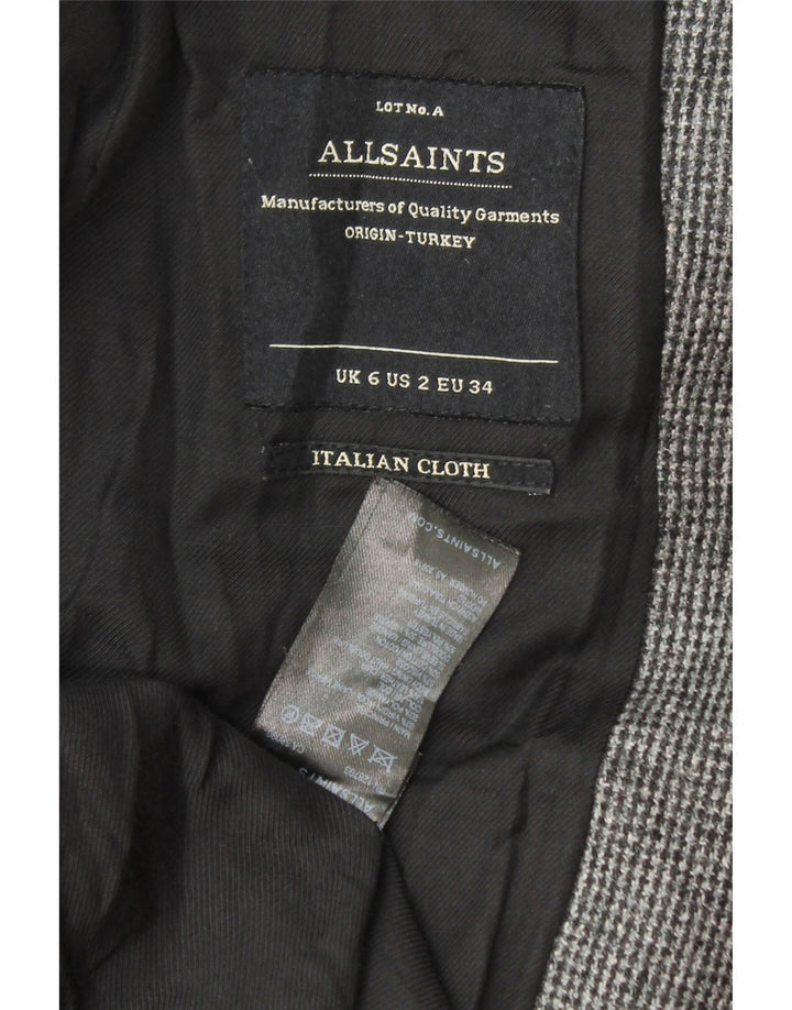 ALL SAINTS Womens Overcoat UK 6 XS Grey Houndstooth Virgin Wool Vintage All Saints and Second-Hand All Saints from Messina Hembry 