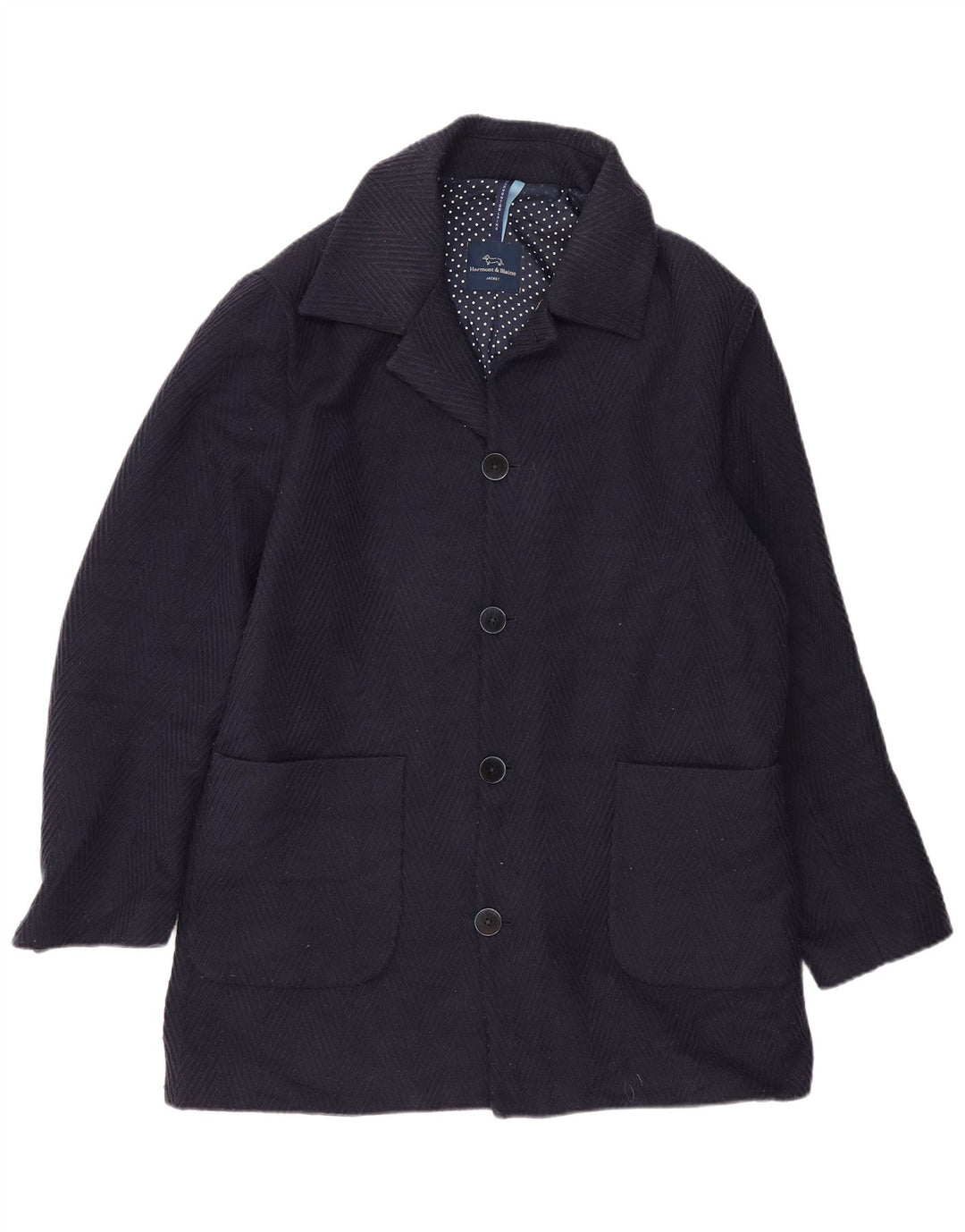 HARMONT & BLAINE Womens Overcoat IT 52 2XL Navy Blue Chevron Wool Vintage Harmont & Blaine and Second-Hand Harmont & Blaine from Messina Hembry 