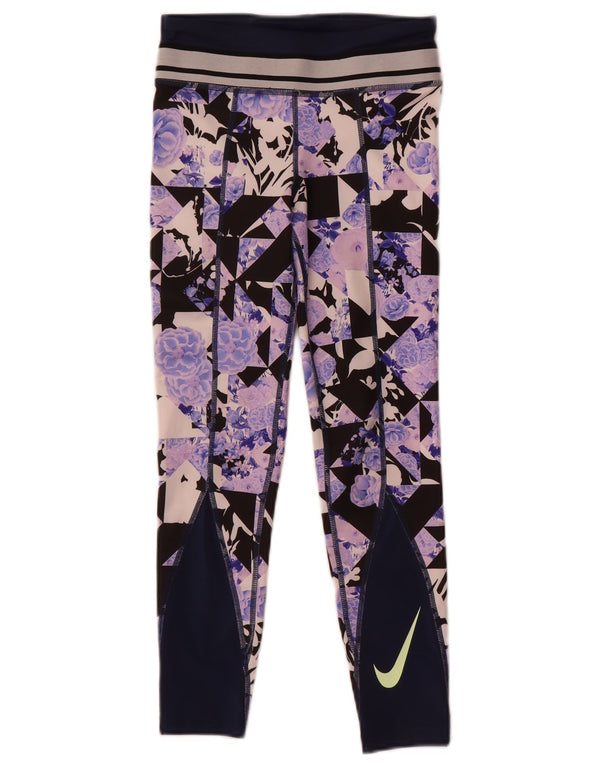 Nike Girls Dri Fit κολάν 8-9 ετών Small Navy Blue Floral Polyester