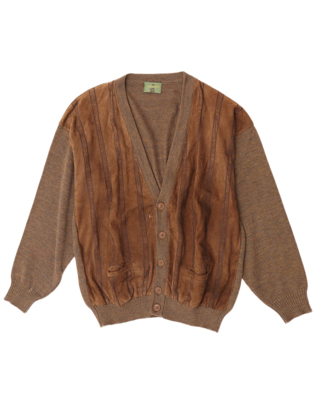 Vintage Ανδρικό Suede Ζακέτα πουλόβερ Μεγάλο Καφέ Γεωμετρικό Μαλλί