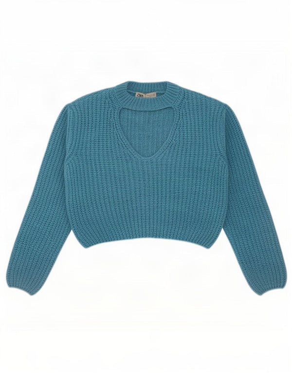 Zara Γυναικείο πουλόβερ Crop Crop Neck Jumper UK 14 Medium Blue Acrylic