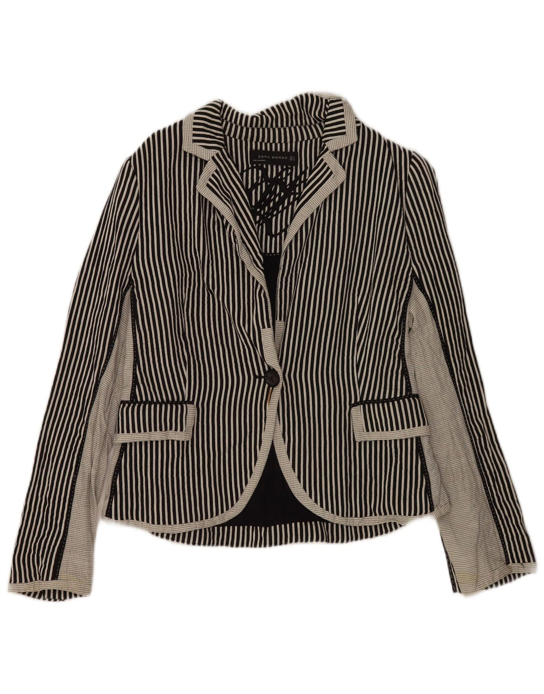 Zara Γυναικείο Μπουφάν 1 Κουμπί Blazer UK 18 XL Μαύρο ριγέ βαμβακερό