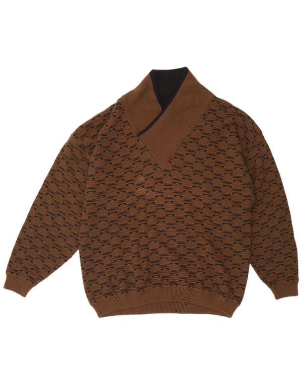 Brian Scott Mens Shawl Neck Jumper Sweater XL Brown Geometric Acrylic