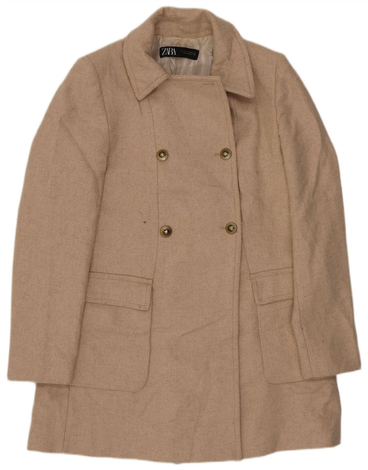 Zara Γυναικείο παλτό με διπλό στήθος UK 10 Small Beige Wool