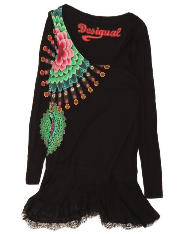Desigual Γυναικείο μακρυμάνικο γραφικό φόρεμα μέσης UK 12 μεσαίο μαύρο
