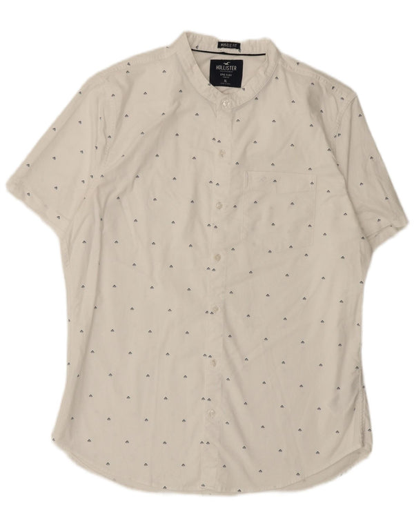 Ανδρικό πουκάμισο Hollister με κοντό μανίκι και μυϊκή εφαρμογή XL λευκό γεωμετρικό βαμβακερό