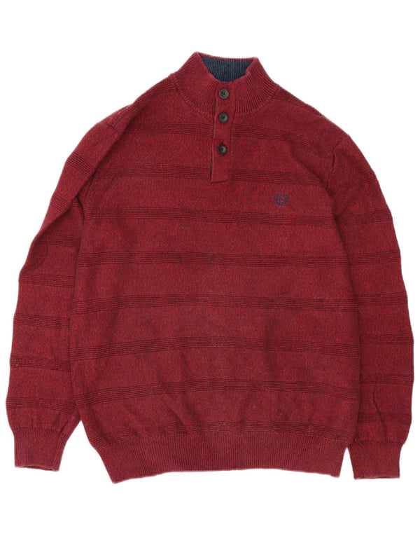 Chaps Mens Button Neck Jumper Sweater Medium Burgundy Striped Cotton