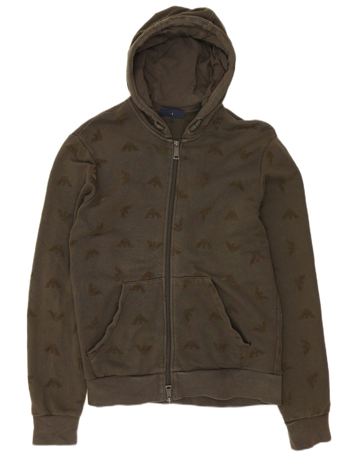 Armani Jeans Ανδρικό γραφικό πουλόβερ με φερμουάρ με κουκούλα μικρό χακί βαμβακερό