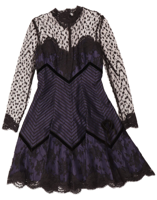 Vintage γυναικείο μακρυμάνικο φόρεμα A-line UK 10 Small Navy Blue Floral Gothic