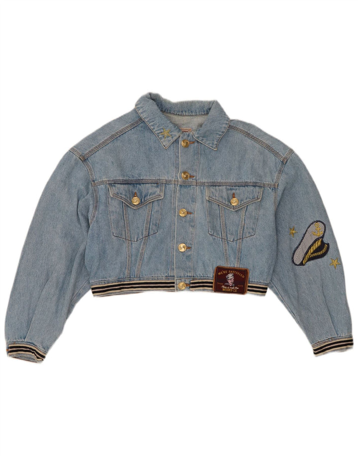 Vintage Γυναικείο Γραφικό Crop Τζιν Μπουφάν UK 14 Medium Blue Cotton