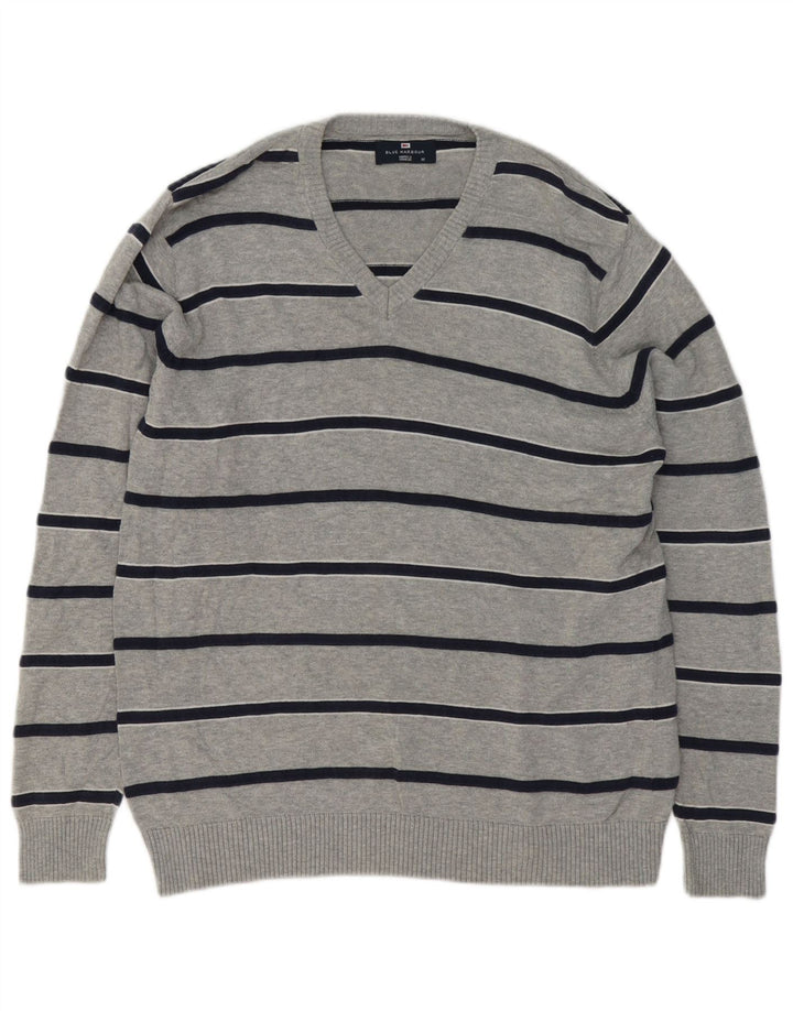 Ανδρικό πουλόβερ Marks & Spencer Blue Harbor με λαιμόκοψη με λαιμόκοψη σε μεσαίο γκρι ριγέ
