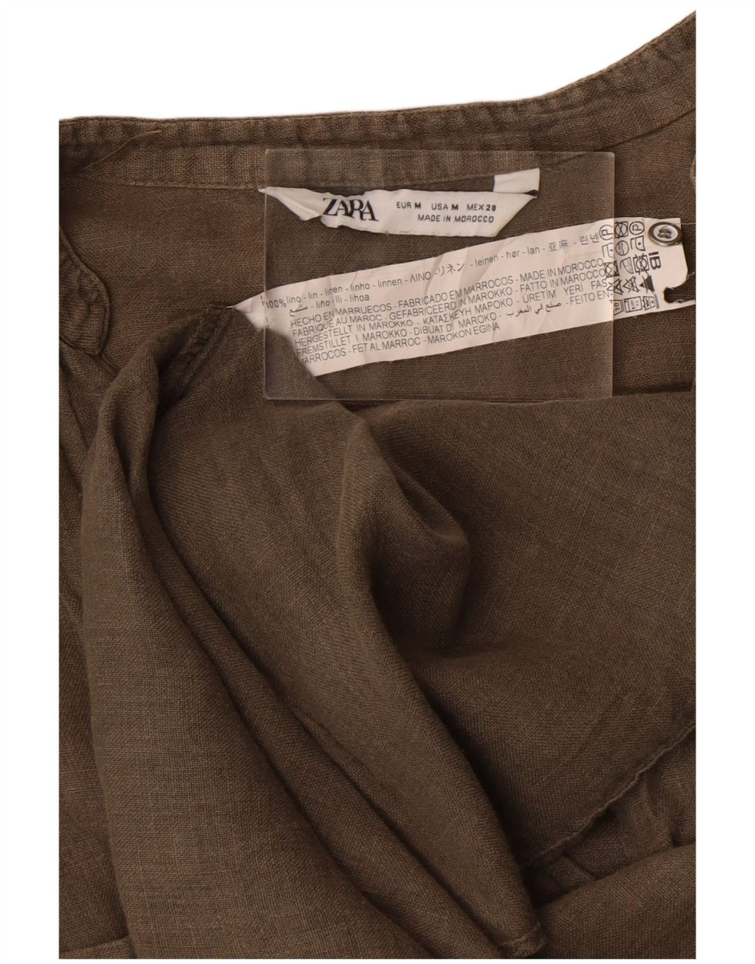 Zara Γυναικείο πουκάμισο 3/4 Μπλούζα UK 14 Medium Khaki Λινό