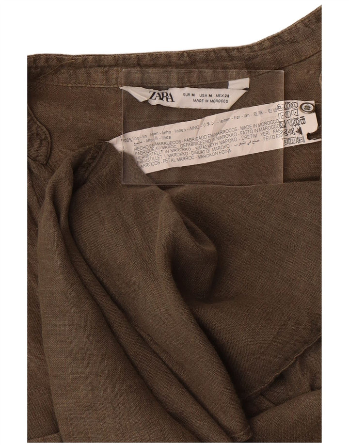 Zara Γυναικείο πουκάμισο 3/4 Μπλούζα UK 14 Medium Khaki Λινό