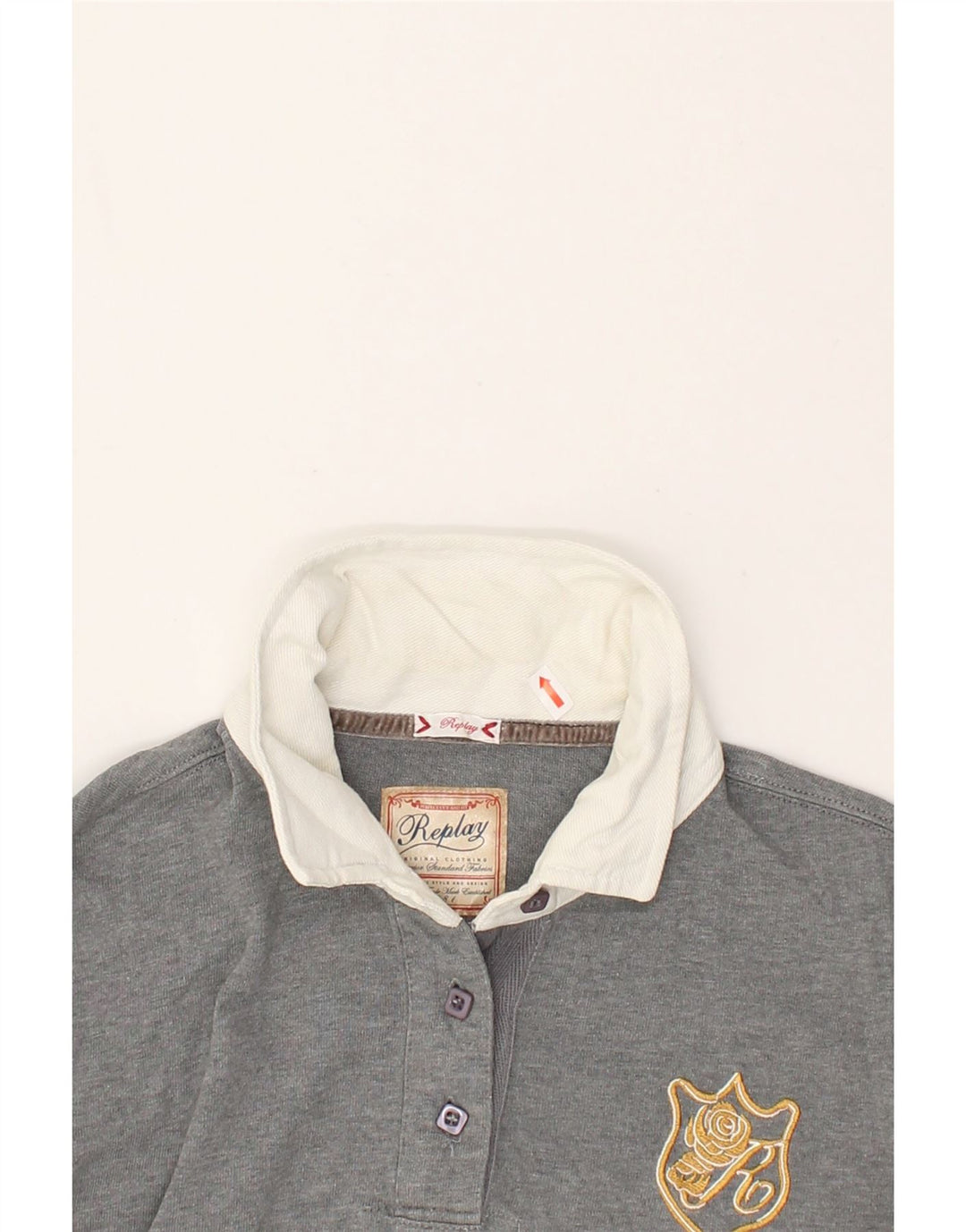 REPLAY Womens Long Sleeve Polo Shirt UK 14 Medium Grey Cotton | Vintage Replay | Thrift | Second-Hand Replay | Used Clothing | Messina Hembry 