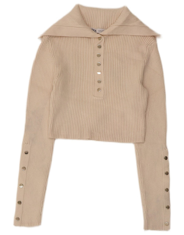 Γυναικείο πουλόβερ ZARA Crop Polo Neck Jumper UK 12 Medium Beige Viscose