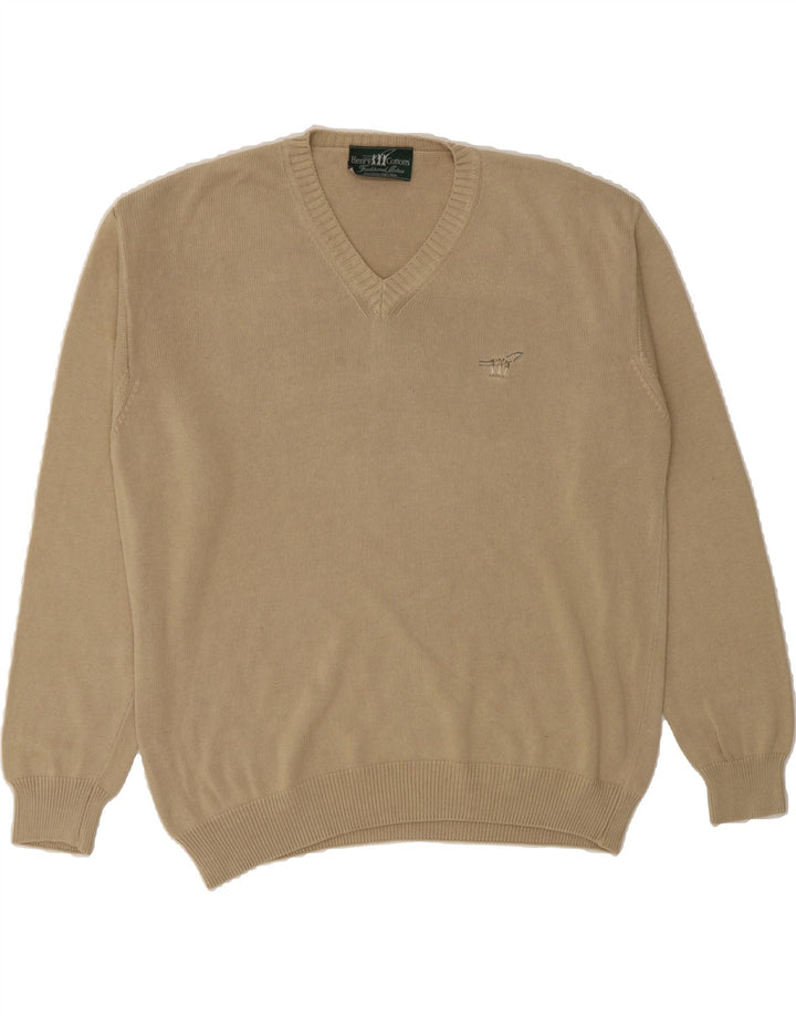 HENRY COTTONS Mens V-Neck Jumper Sweater XL Beige Vintage Henry Cottons and Second-Hand Henry Cottons from Messina Hembry 